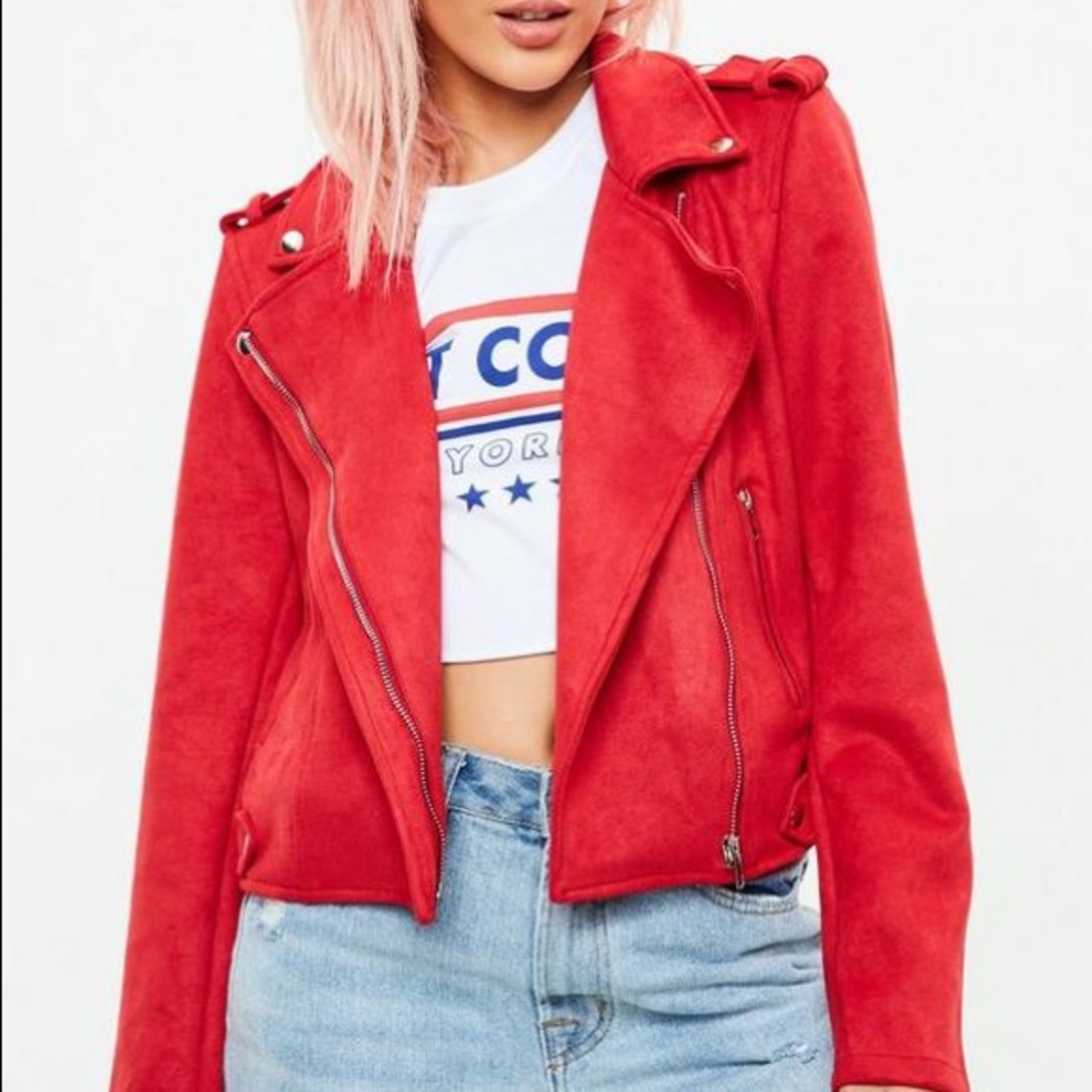 RED FAUX SUEDE BIKER JACKET